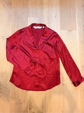 Victoria’s Secret Red Satin Pajama Top Button Front Sleep Shirt Size Small